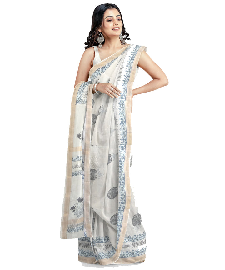 Offwhite grey hand printed maheshwari cotton silk saree