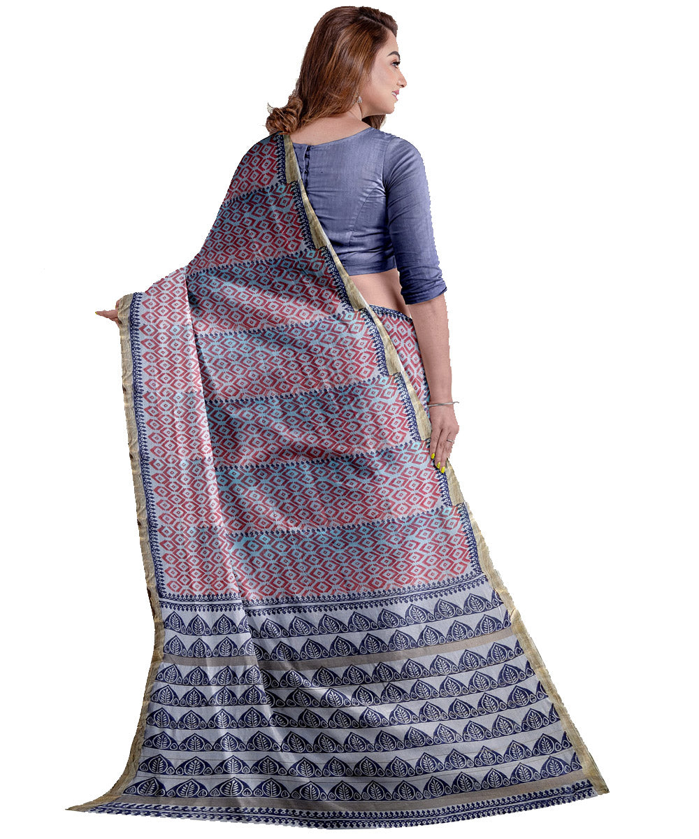 Grey cotton silk hand printed maheshwari saree