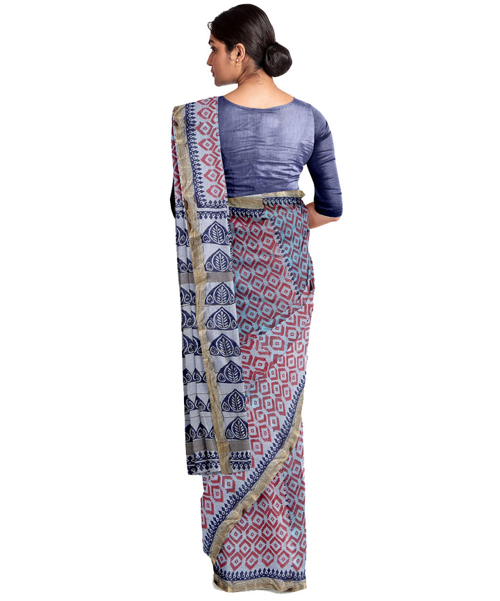 Grey cotton silk hand printed maheshwari saree