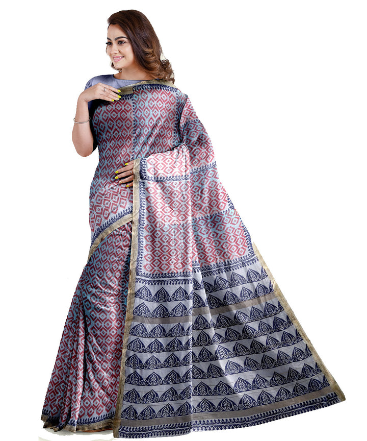 Grey cotton silk hand printed maheshwari saree