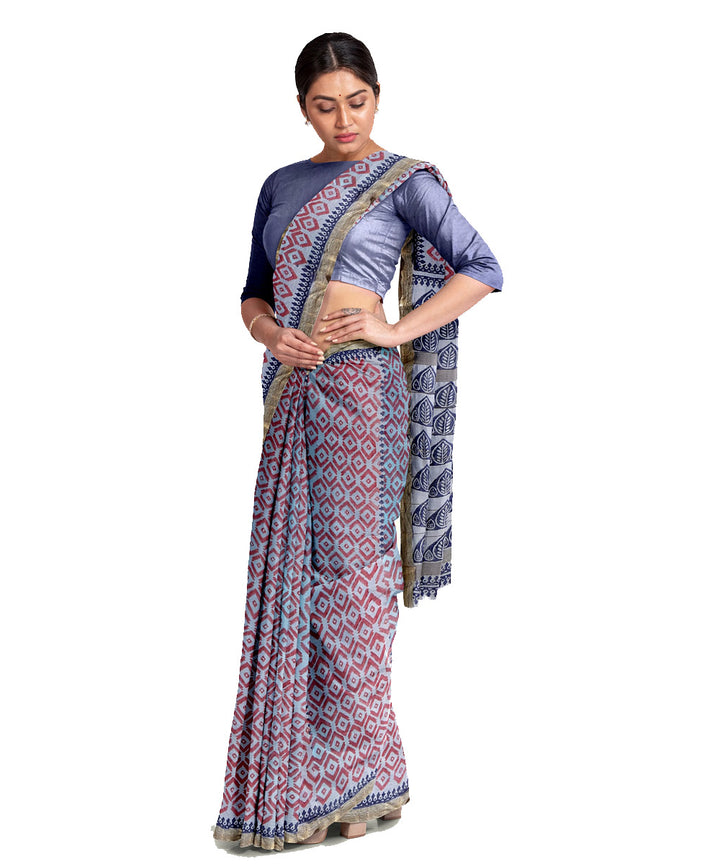 Grey cotton silk hand printed maheshwari saree