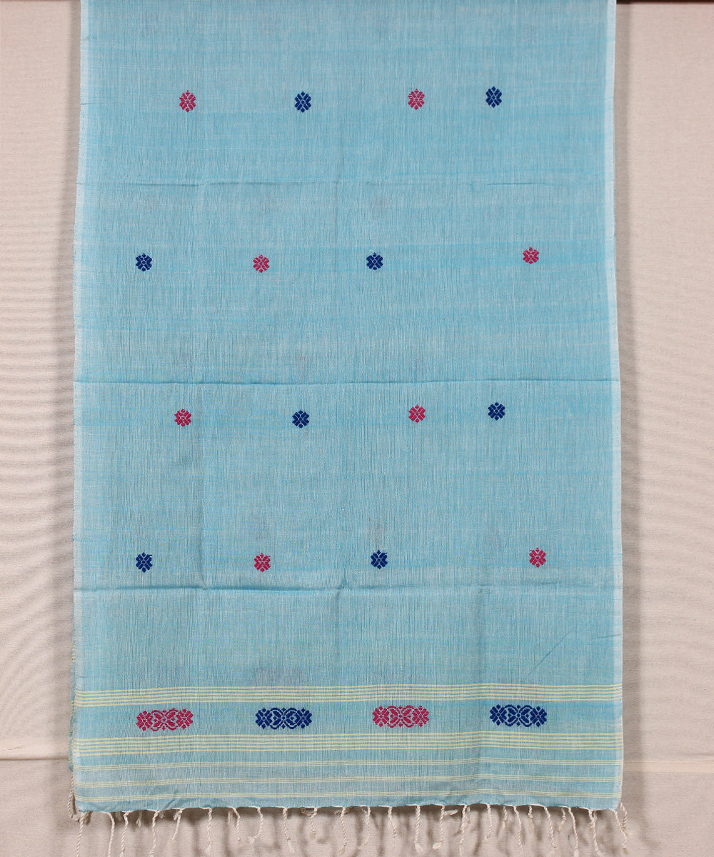 Sky blue multicolour buti handloom cotton assam stole