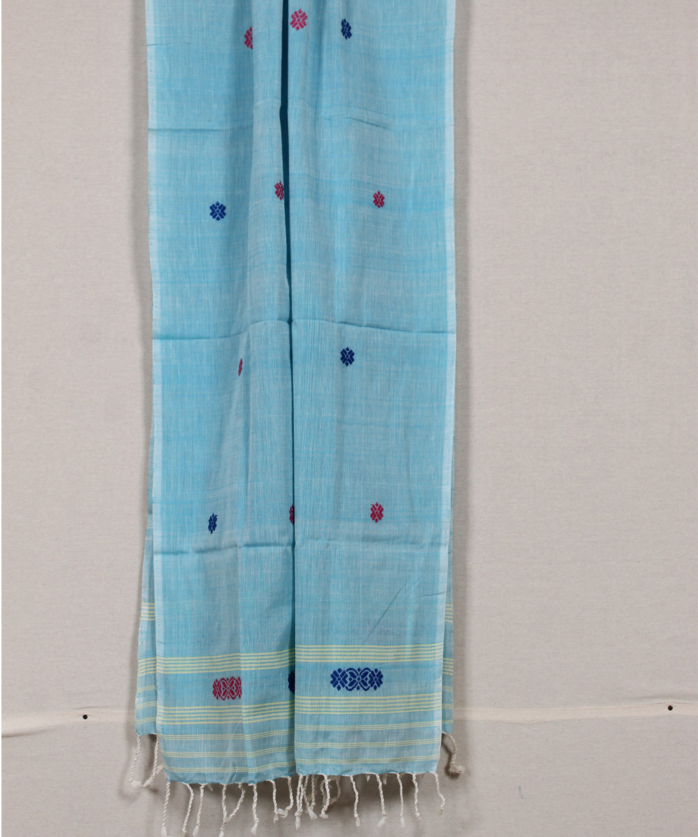 Sky blue multicolour buti handloom cotton assam stole