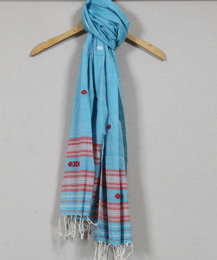 Sky blue red white buti handloom cotton assam stole