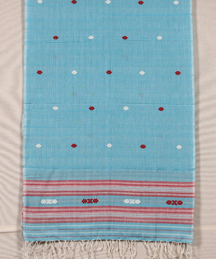 Sky blue red white buti handloom cotton assam stole