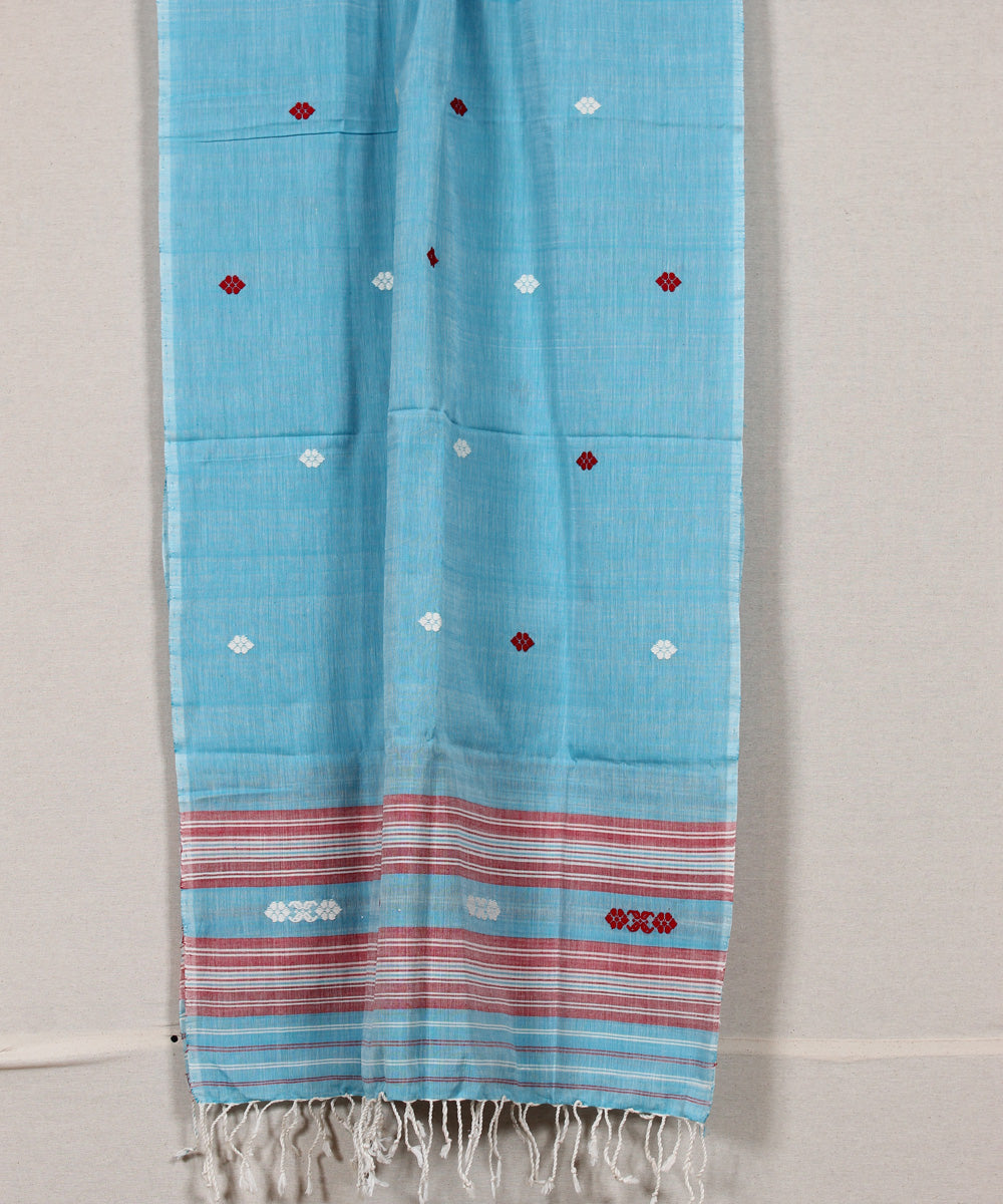 Sky blue red white buti handloom cotton assam stole