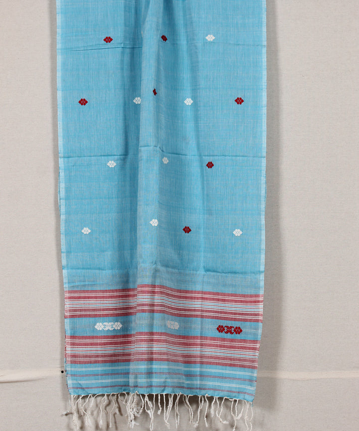 Sky blue red white buti handloom cotton assam stole