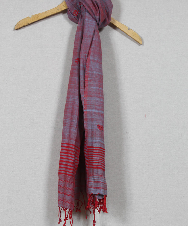 Grey red buti handloom cotton assam stole