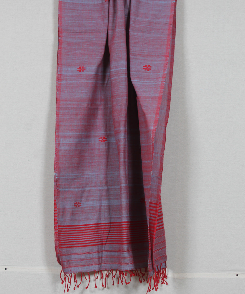 Grey red buti handloom cotton assam stole