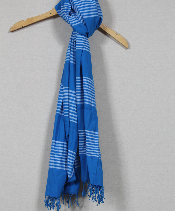 Cyan blue white striped handloom cotton assam stole