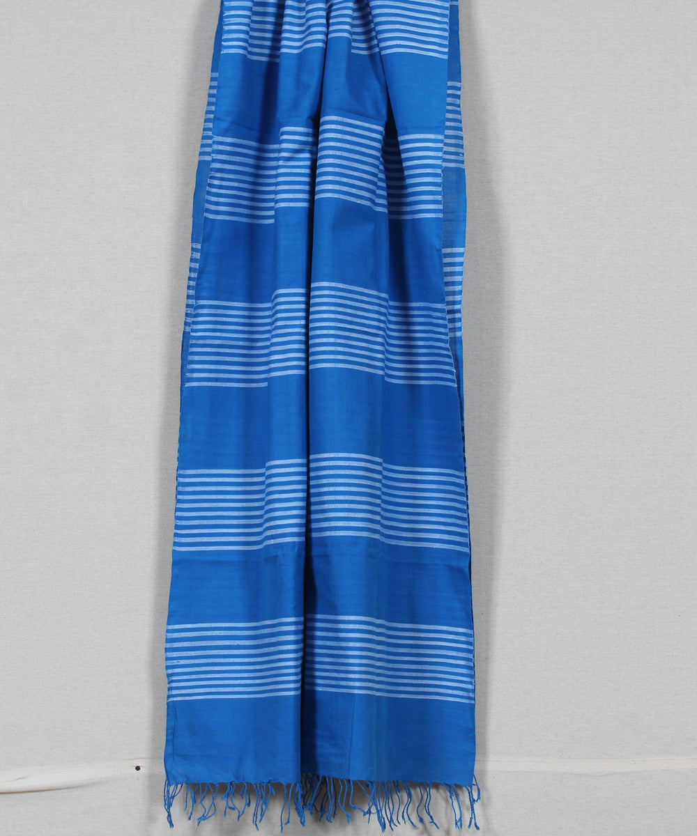 Cyan blue white striped handloom cotton assam stole