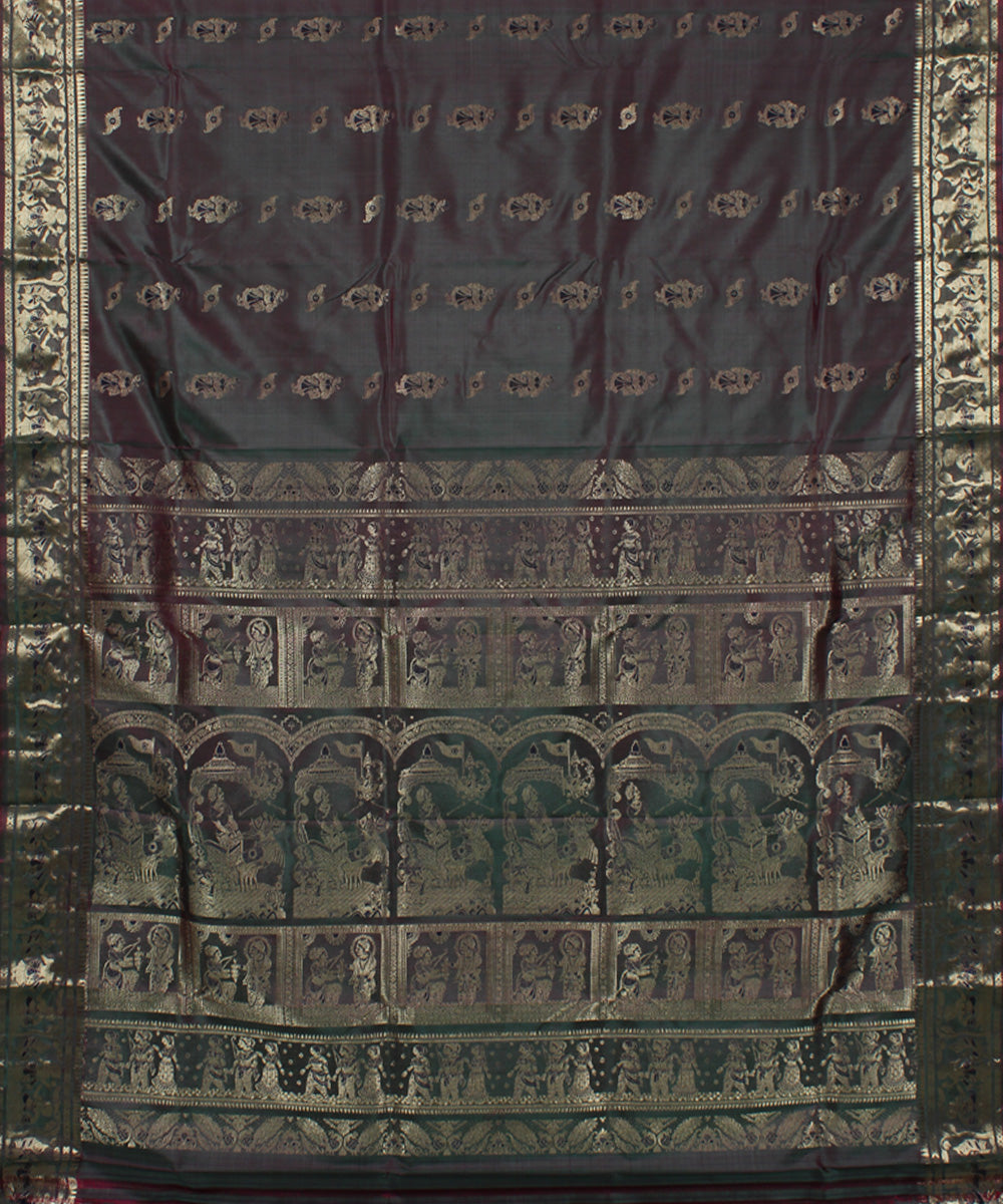 Rani green dual shaded handwoven meenakari silk baluchari saree