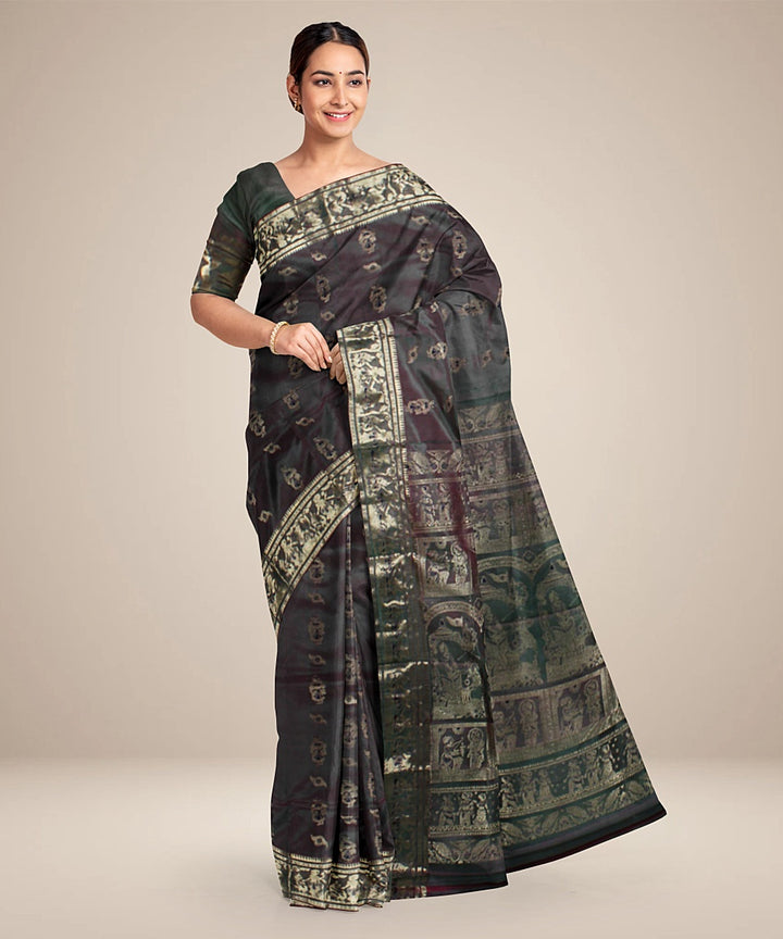 Rani green dual shaded handwoven meenakari silk baluchari saree