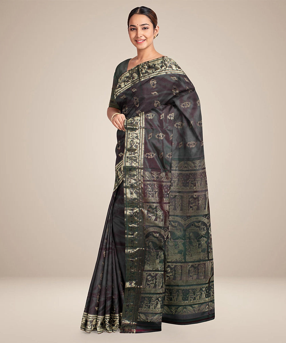 Rani green dual shaded handwoven meenakari silk baluchari saree