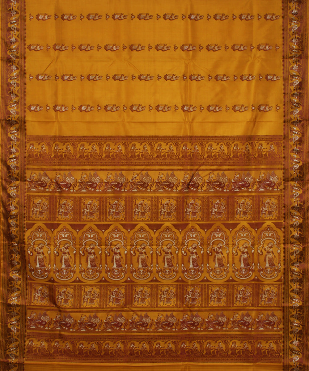 Mustard handwoven silk meenakari baluchari saree