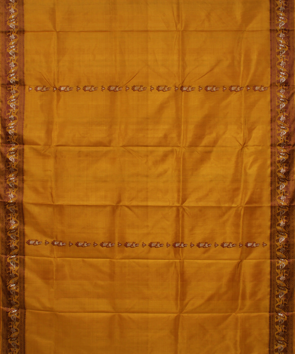 Mustard handwoven silk meenakari baluchari saree