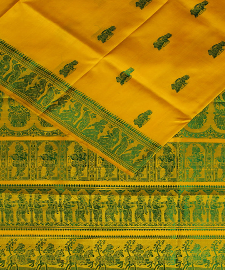 Yellow green handwoven single thread baluchari silk saree