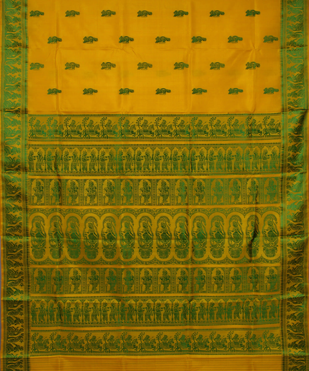 Yellow green handwoven single thread baluchari silk saree