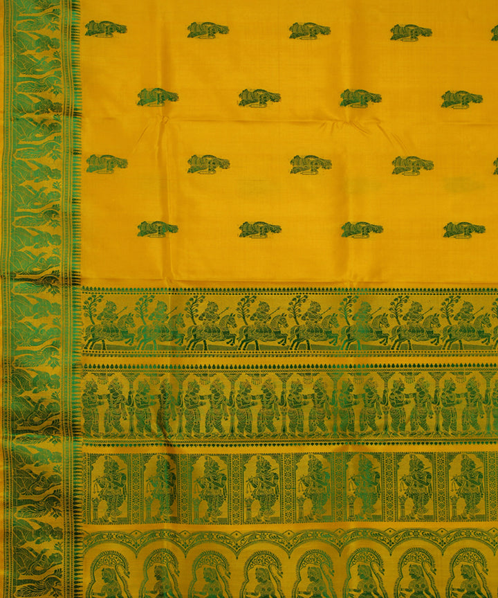 Yellow green handwoven single thread baluchari silk saree