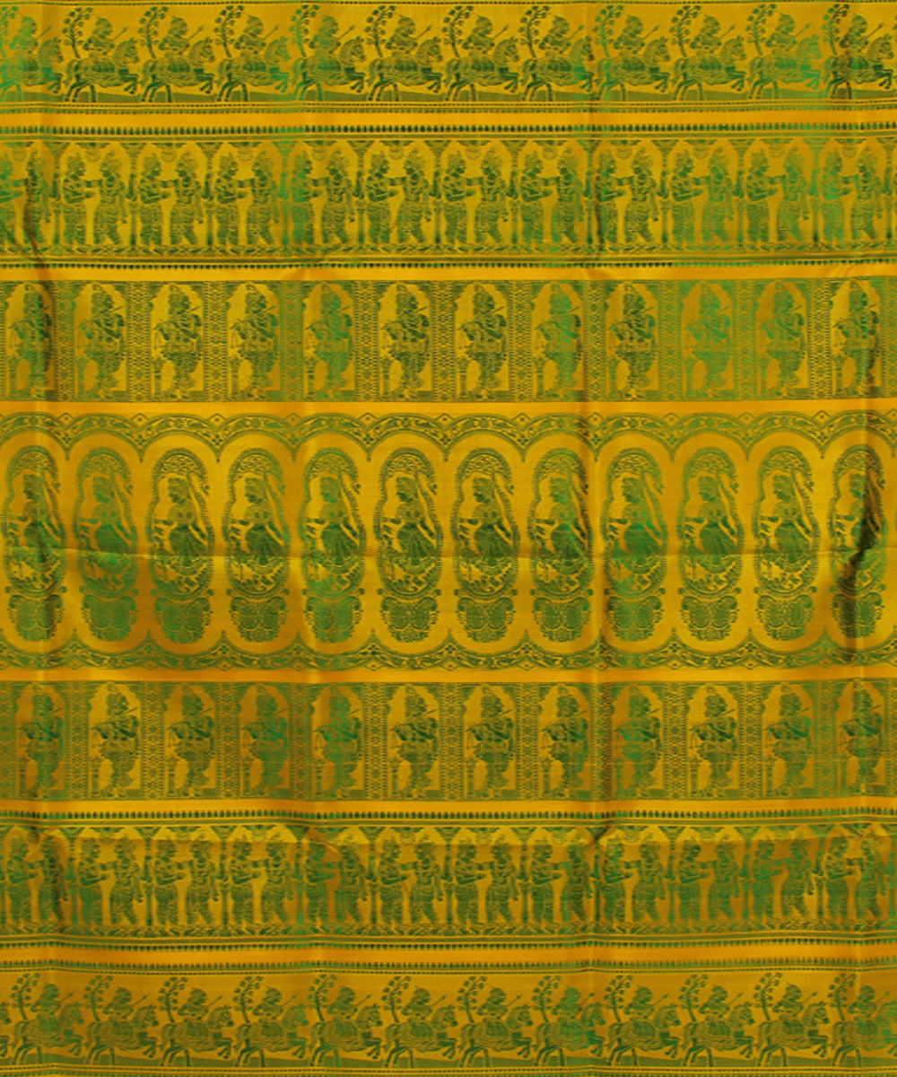 Yellow green handwoven single thread baluchari silk saree