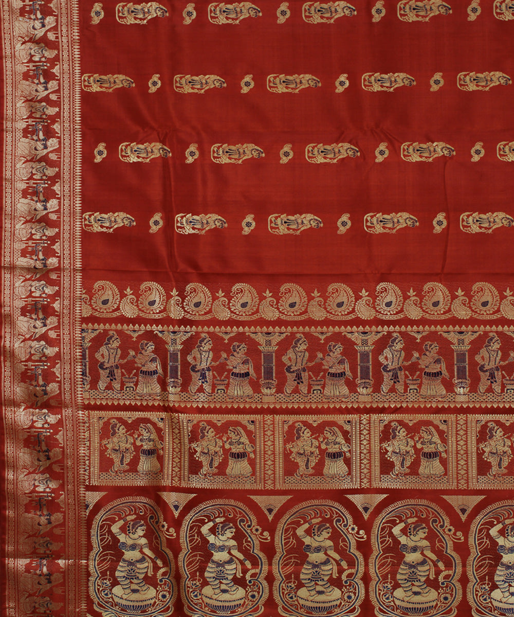 Rust handwoven silk meenakari baluchari saree
