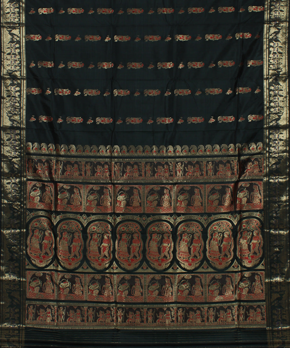 Bottle green handwoven silk meenakari baluchari saree