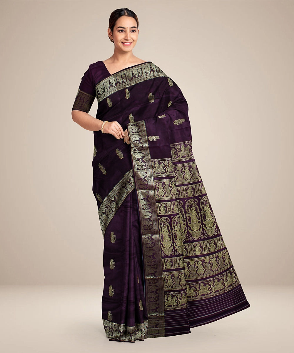 Chocolate purple dual shaded handwoven baluchari silk saree