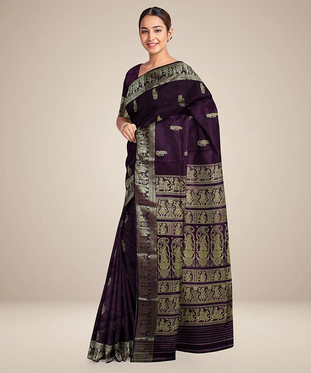 Chocolate purple dual shaded handwoven baluchari silk saree