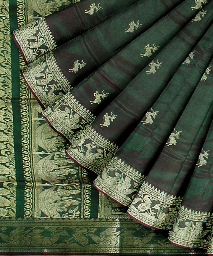 Rani green dual shaded baluchari handwoven silk saree