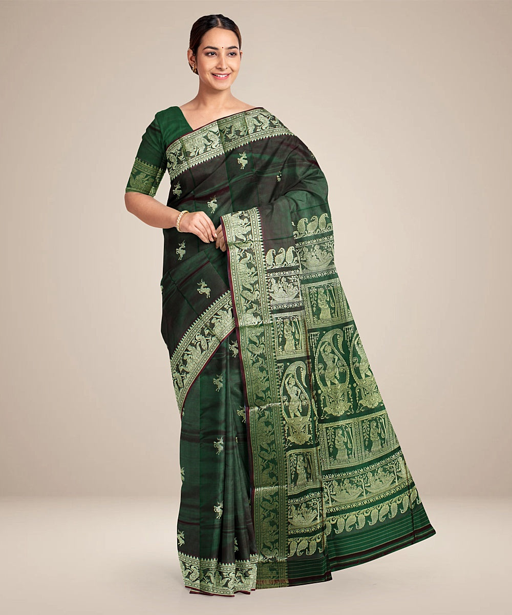 Rani green dual shaded baluchari handwoven silk saree