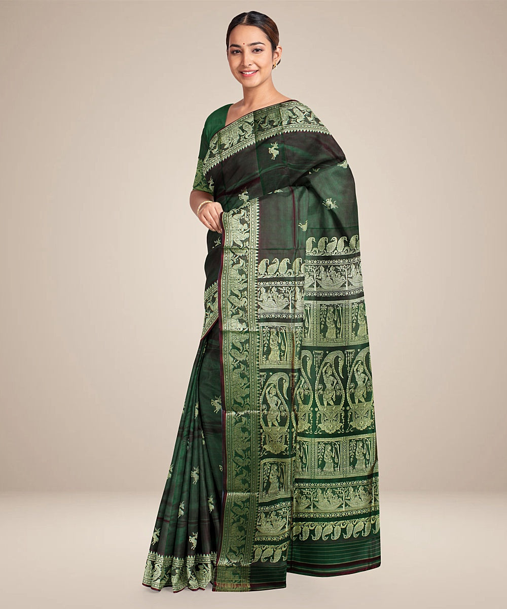 Rani green dual shaded baluchari handwoven silk saree