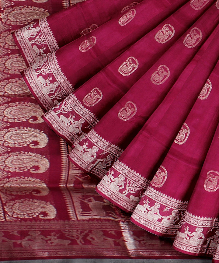 Strawberry red handwoven baluchari silk saree