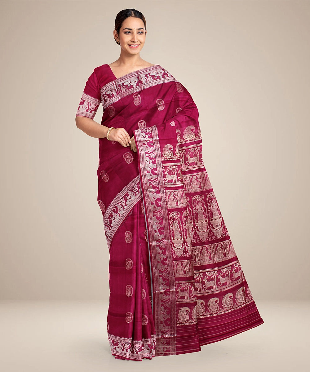 Strawberry red handwoven baluchari silk saree