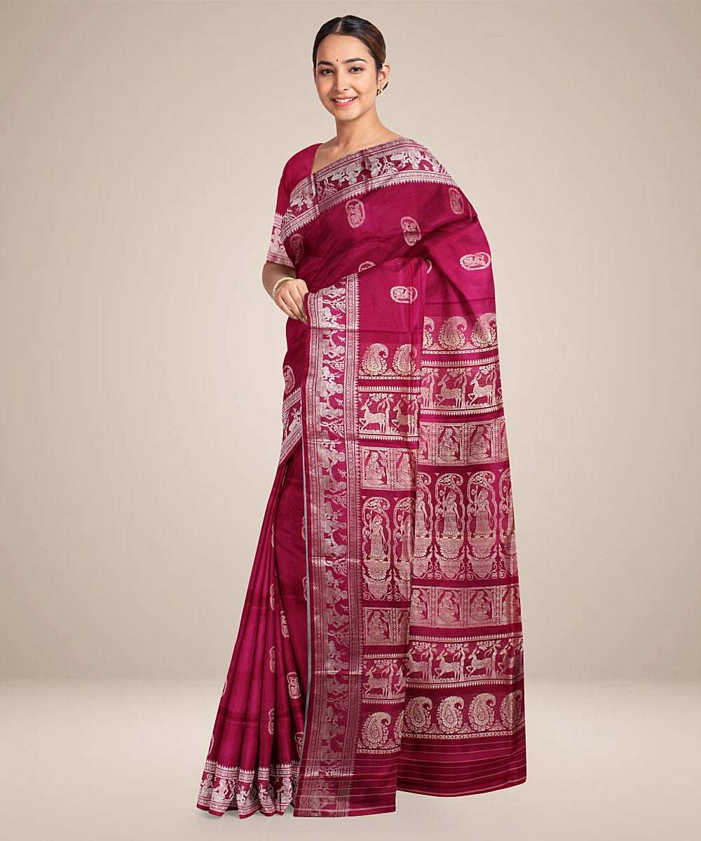 Strawberry red handwoven baluchari silk saree