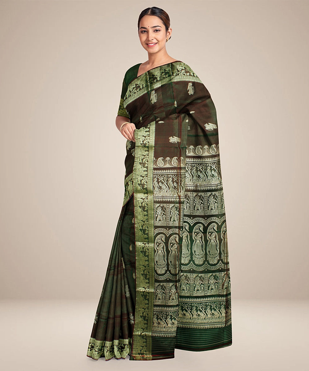 Rani green dual shaded handwoven baluchari silk saree