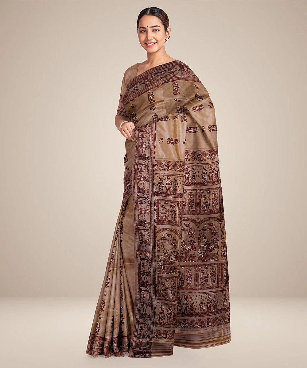 Peach handwoven meenakari baluchari silk saree