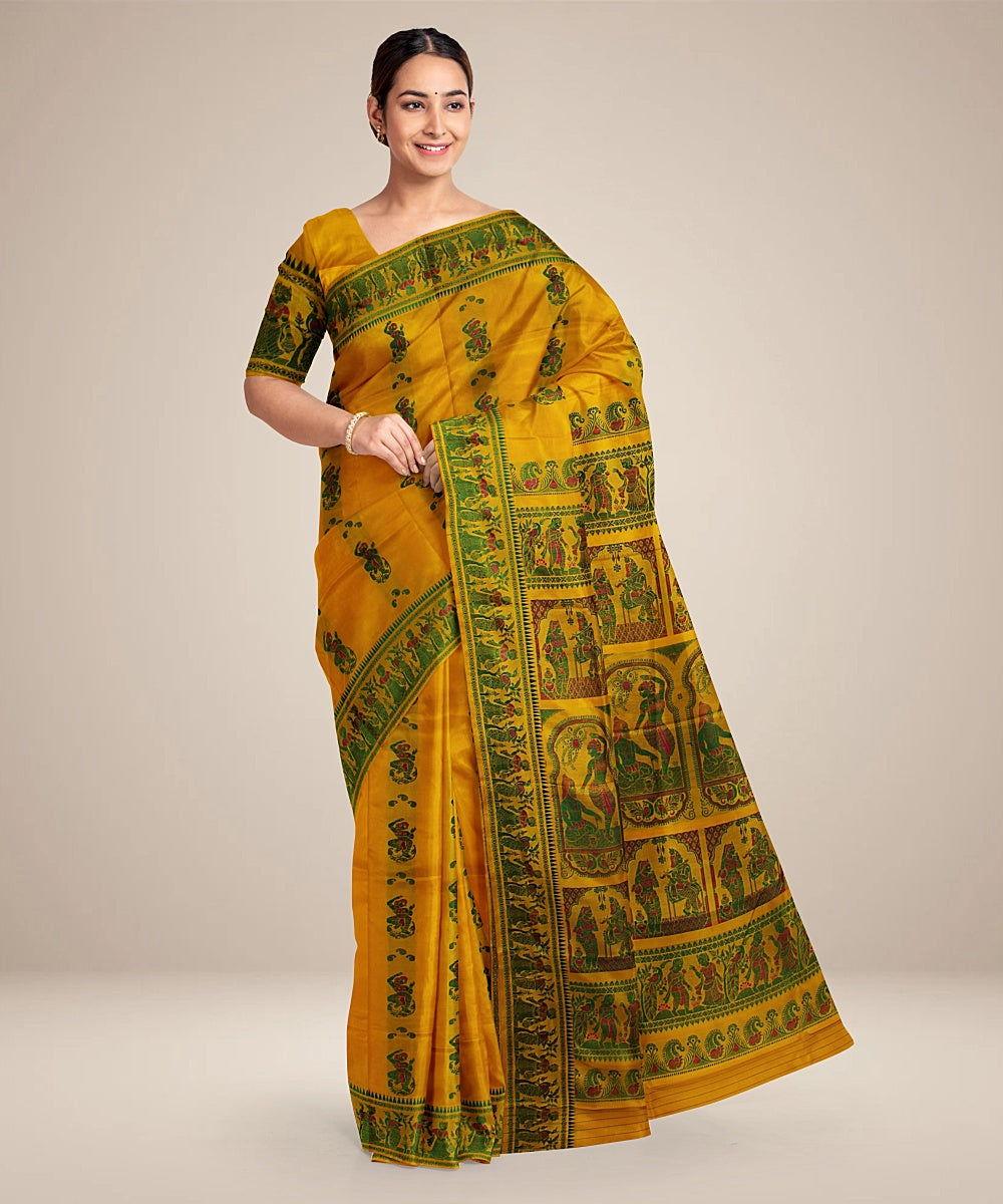 Yellow handwoven meenakari baluchari silk saree