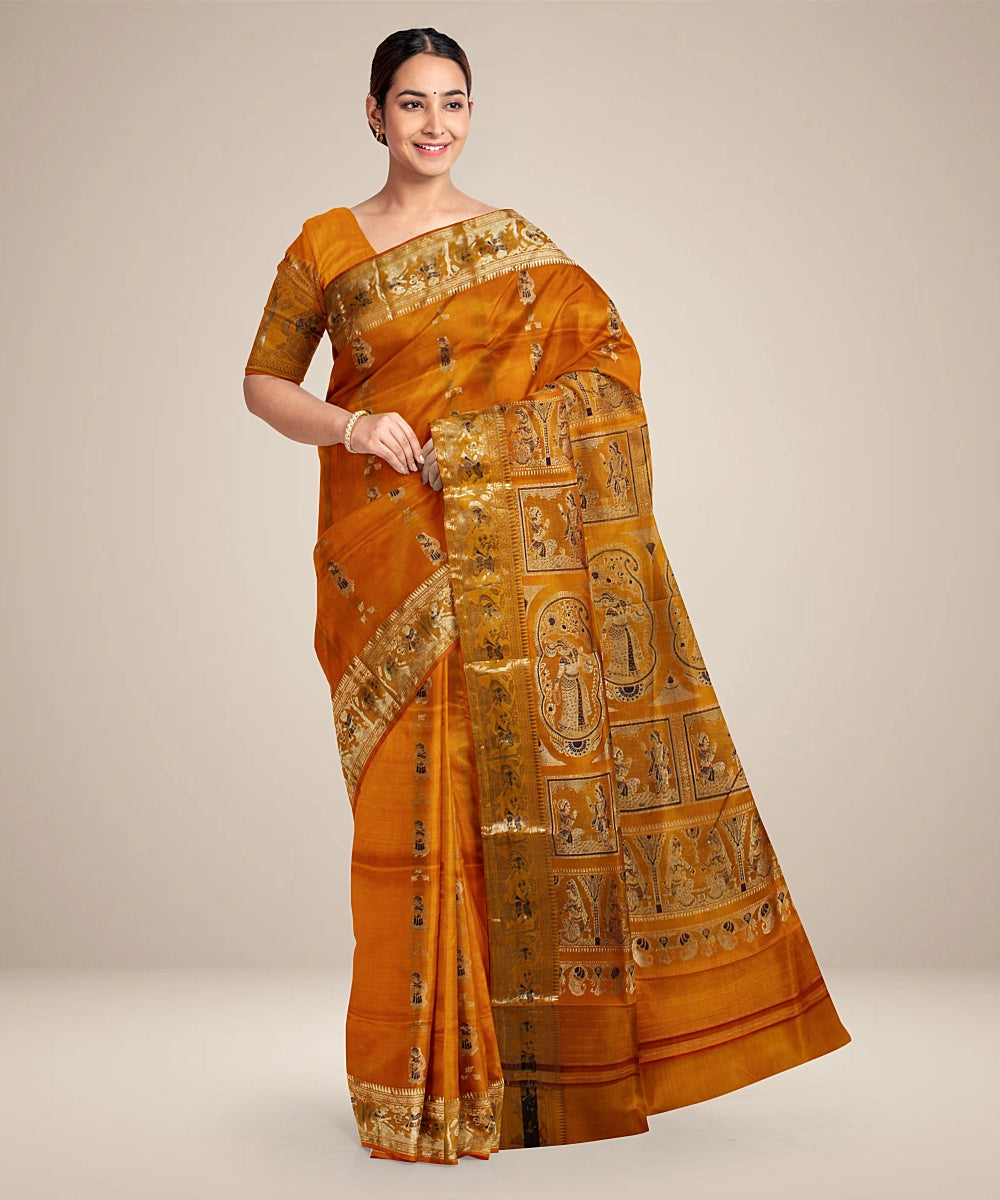 Mustard yellow handwoven swarnachari baluchari silk saree