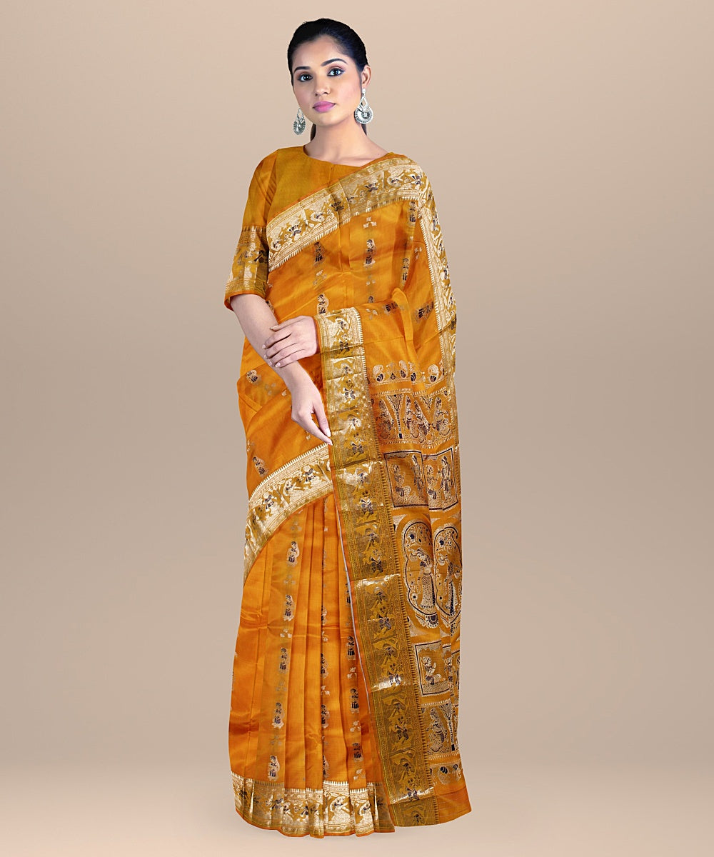 Mustard yellow handwoven baluchari silk saree