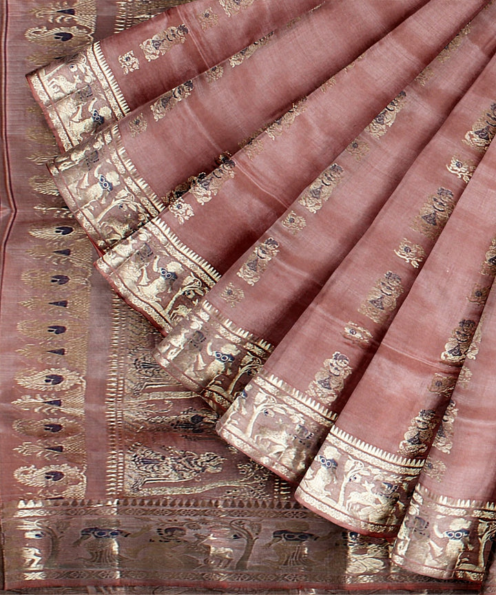 Peach pink handwoven baluchari silk saree