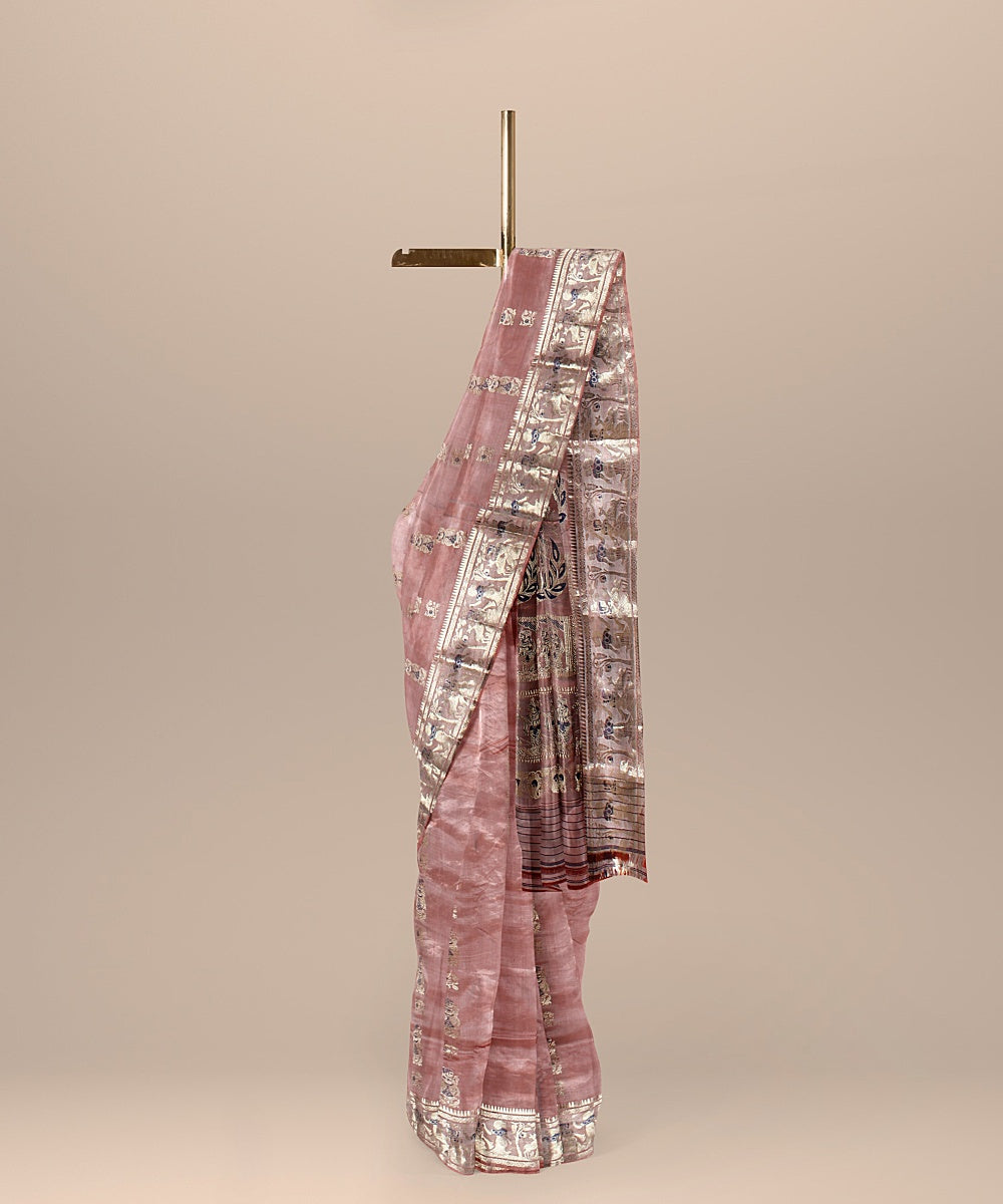 Peach pink handwoven baluchari silk saree