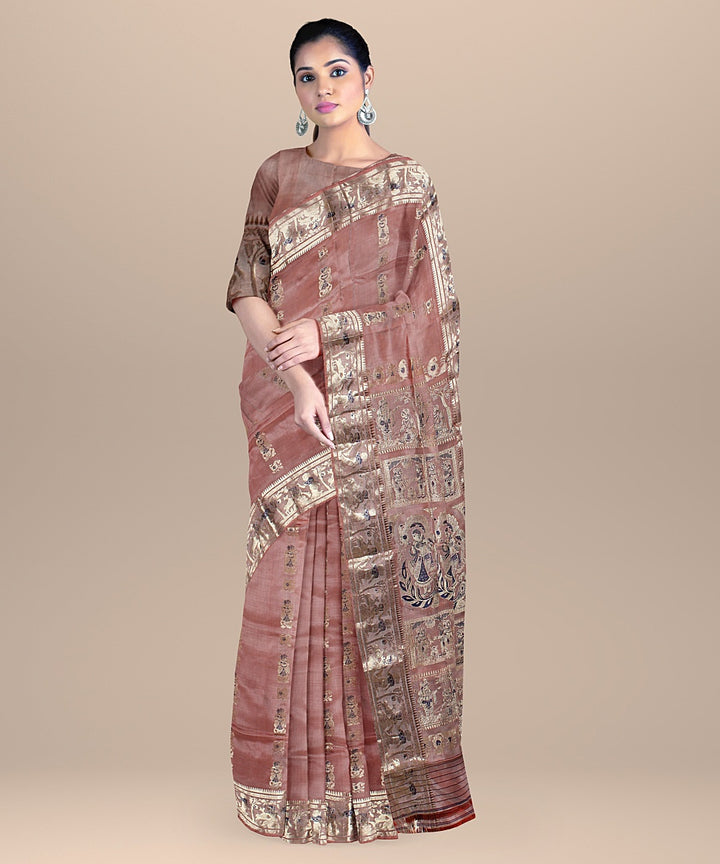 Peach pink handwoven baluchari silk saree