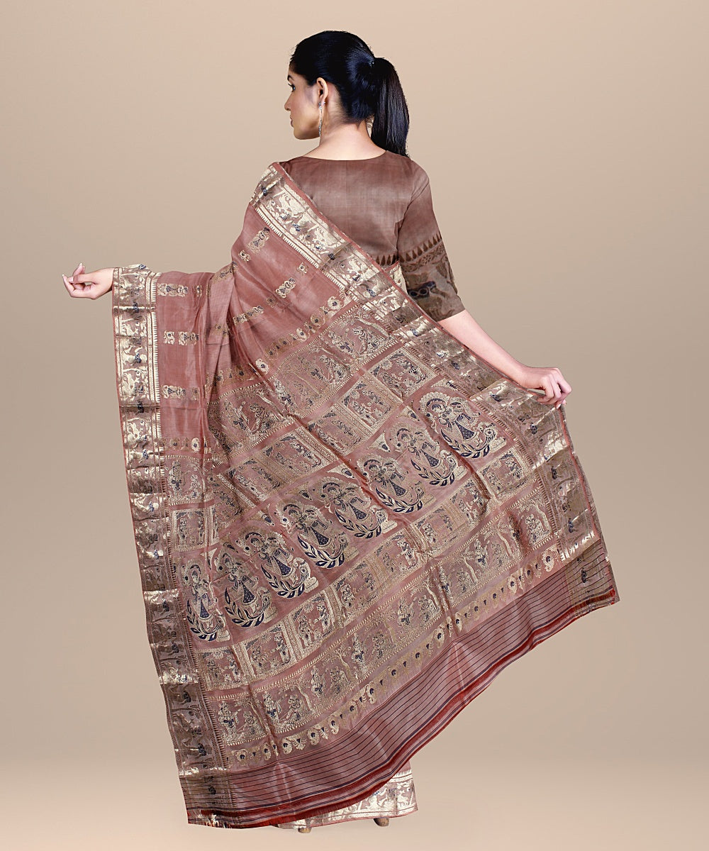 Peach pink handwoven baluchari silk saree