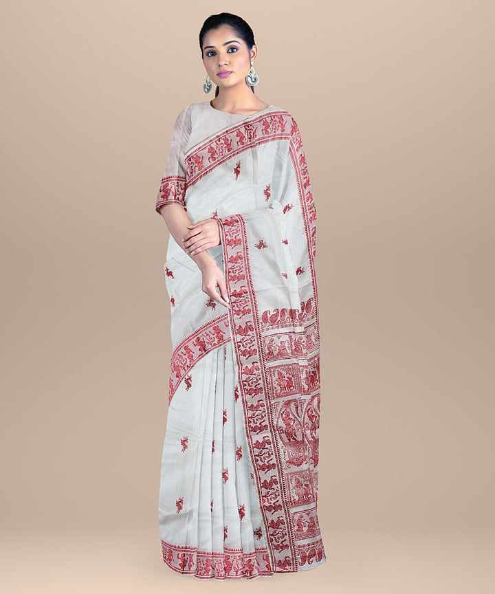 White red handwoven baluchari silk saree