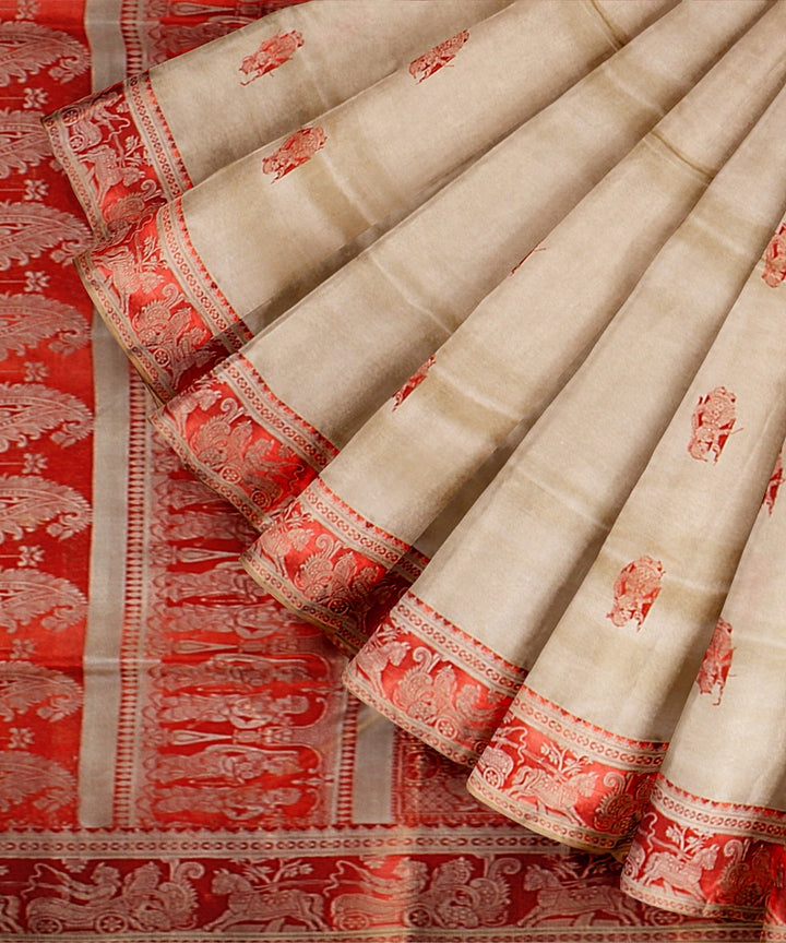 Beige orange handwoven baluchari silk saree