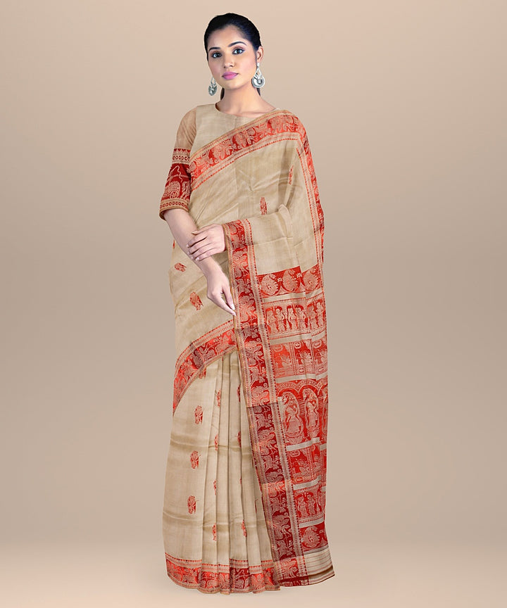 Beige orange handwoven baluchari silk saree