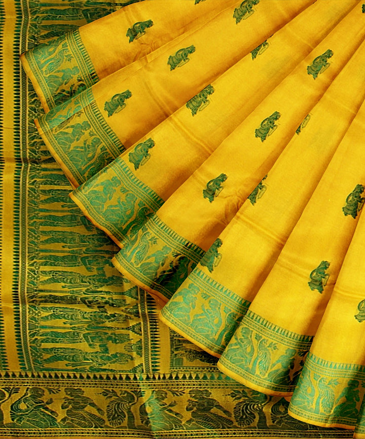 Yellow green handwoven baluchari silk saree