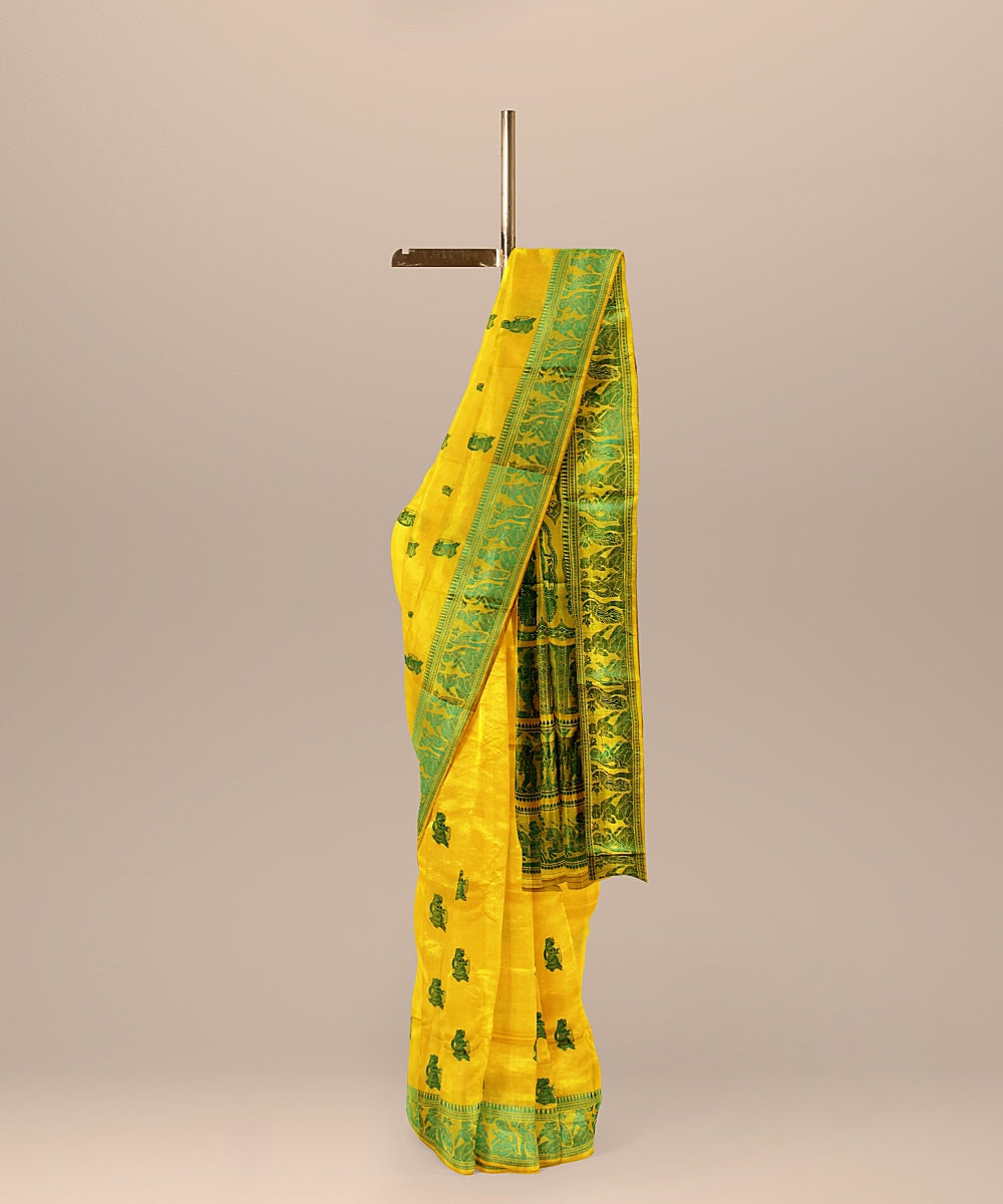 Yellow green handwoven baluchari silk saree