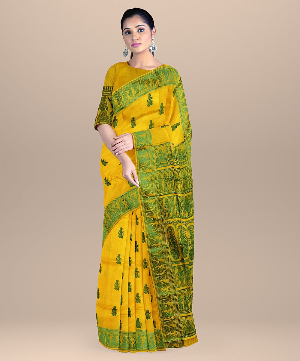 Yellow green handwoven baluchari silk saree