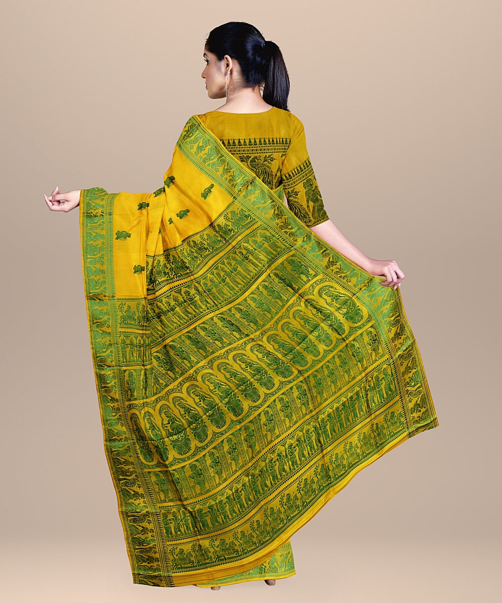 Yellow green handwoven baluchari silk saree